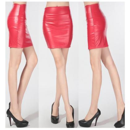 Red Fashion Pu Faux Leather Skirt Bodycon High..