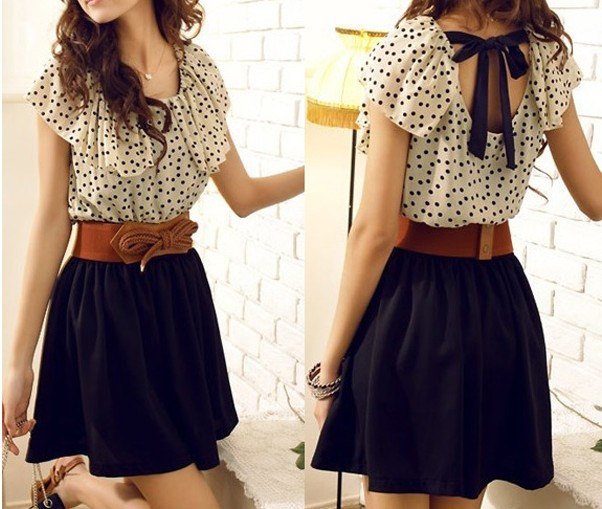 Fashion Short Sleeve Dots Polka Mini Summer Chiffon Dress With Belt