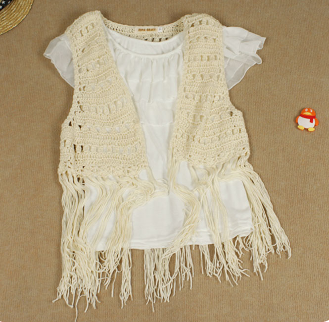 Lace Cardigan Shrug Shirt Tassel Long Knitting Wool Vest Cutout Handmade Crochet Outerwear