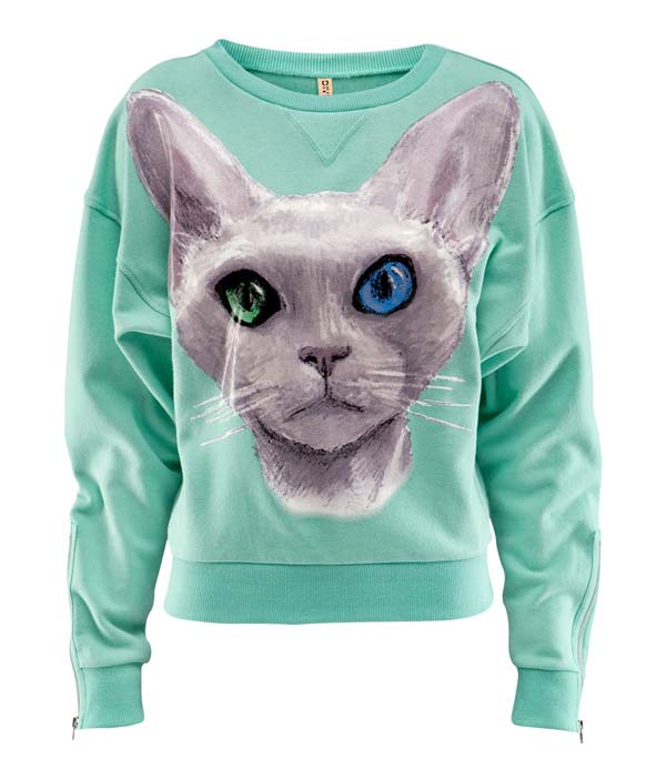 Brilliant Blueeyed Cat Pattern Printing Mint Green Cotton Sweater on