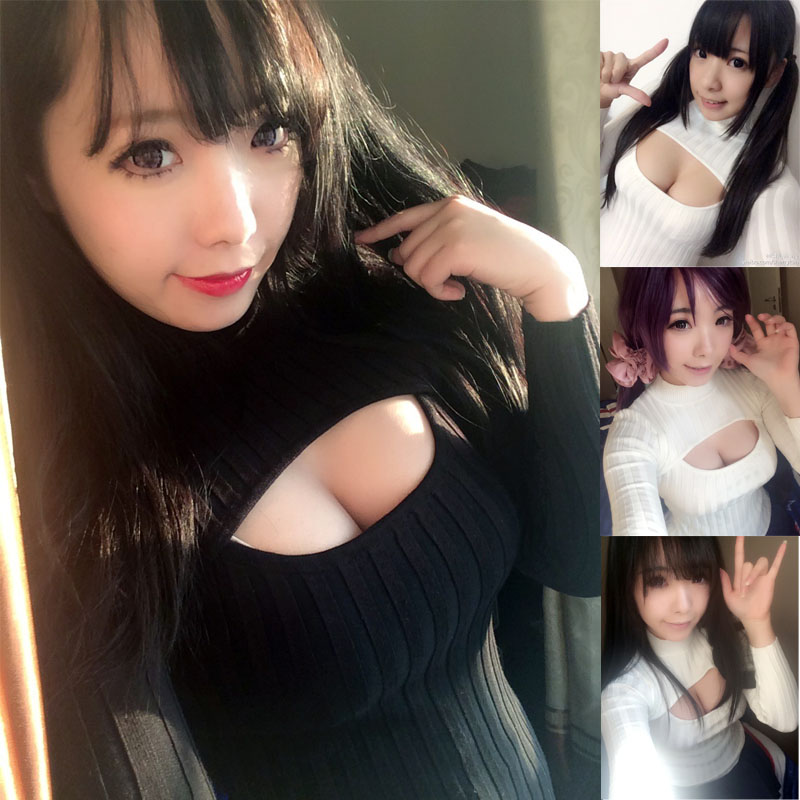 Fashion Sexy Cosplay Show Cleavage High Collar Turtleneck Knitted Pullovers Sweaters For Big Breast Women