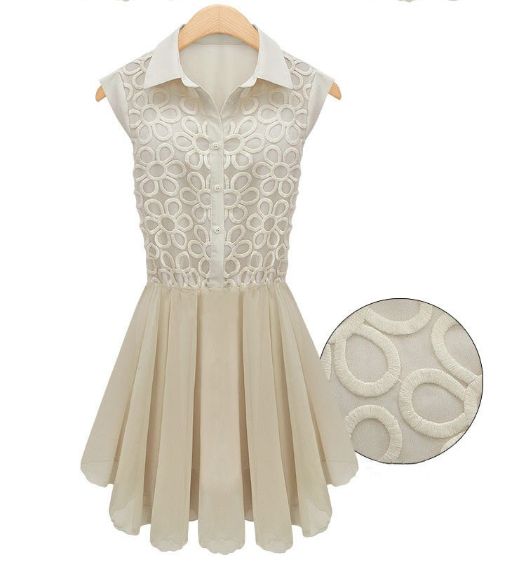 Beige Turndown Collar Sleeveless Cut Flower Stitching Bud Silk Chiffon Dress With Silhouette