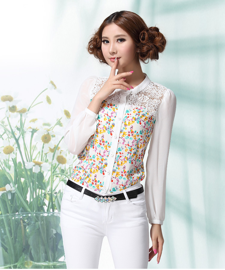 Autumn Korean Ladies Stitching Floral Long Sleeve Puff Lace Chiffon ...